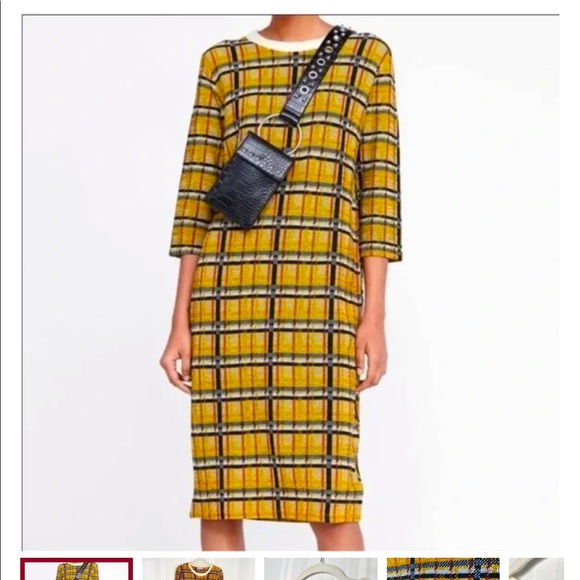 Zara | Dresses | Zara Golden Yellow Plaid Midi Sweater Dress Medium Black  Red 34 Sleeves | Poshmark